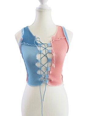 Immodel Lace Up Top Womens S Blue Pink Ribbed Y2K Colorblock Knit Tank